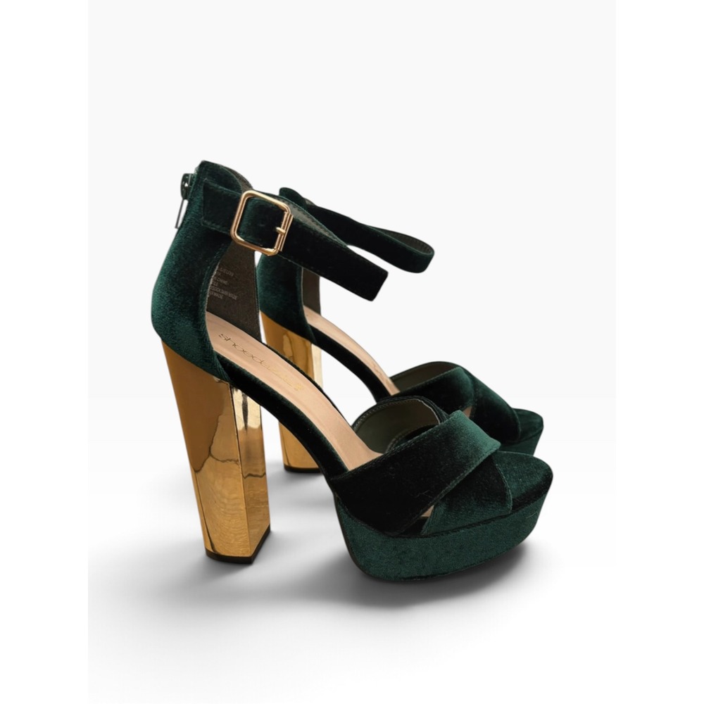 Shoedazzle Green Velvet Platform Sandals Gold Block Heel 70s Glam Womens 8.5
